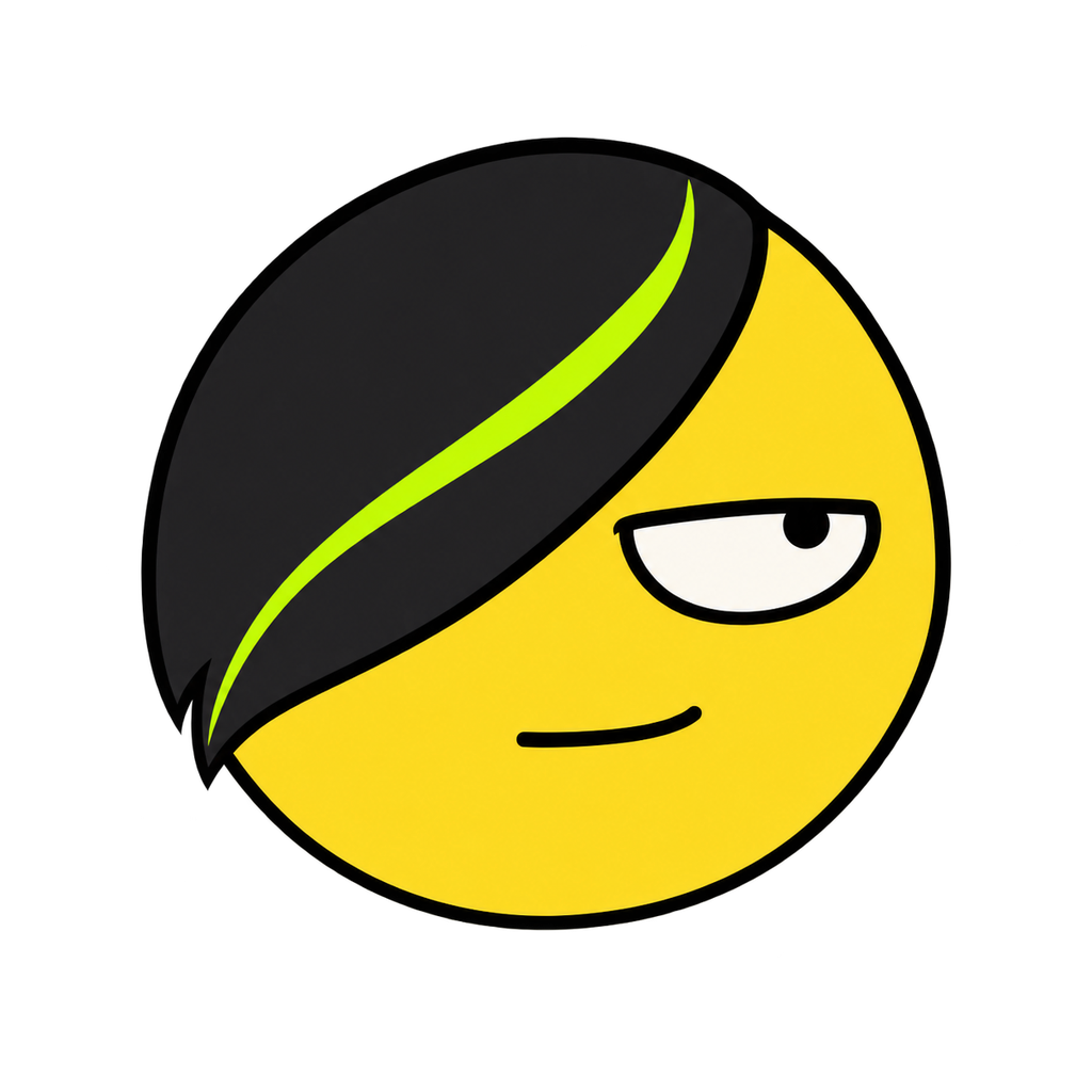The official BANGS face with a black side-swept fringe and neon green stripe