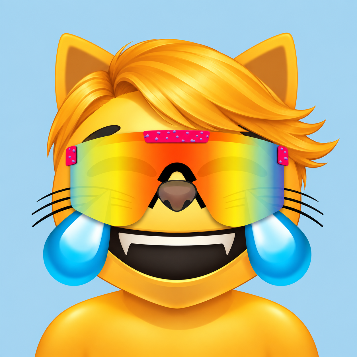 MOG Joycat laughing behind rainbow wraparound sunglasses, remixed with a golden side-swept fringe