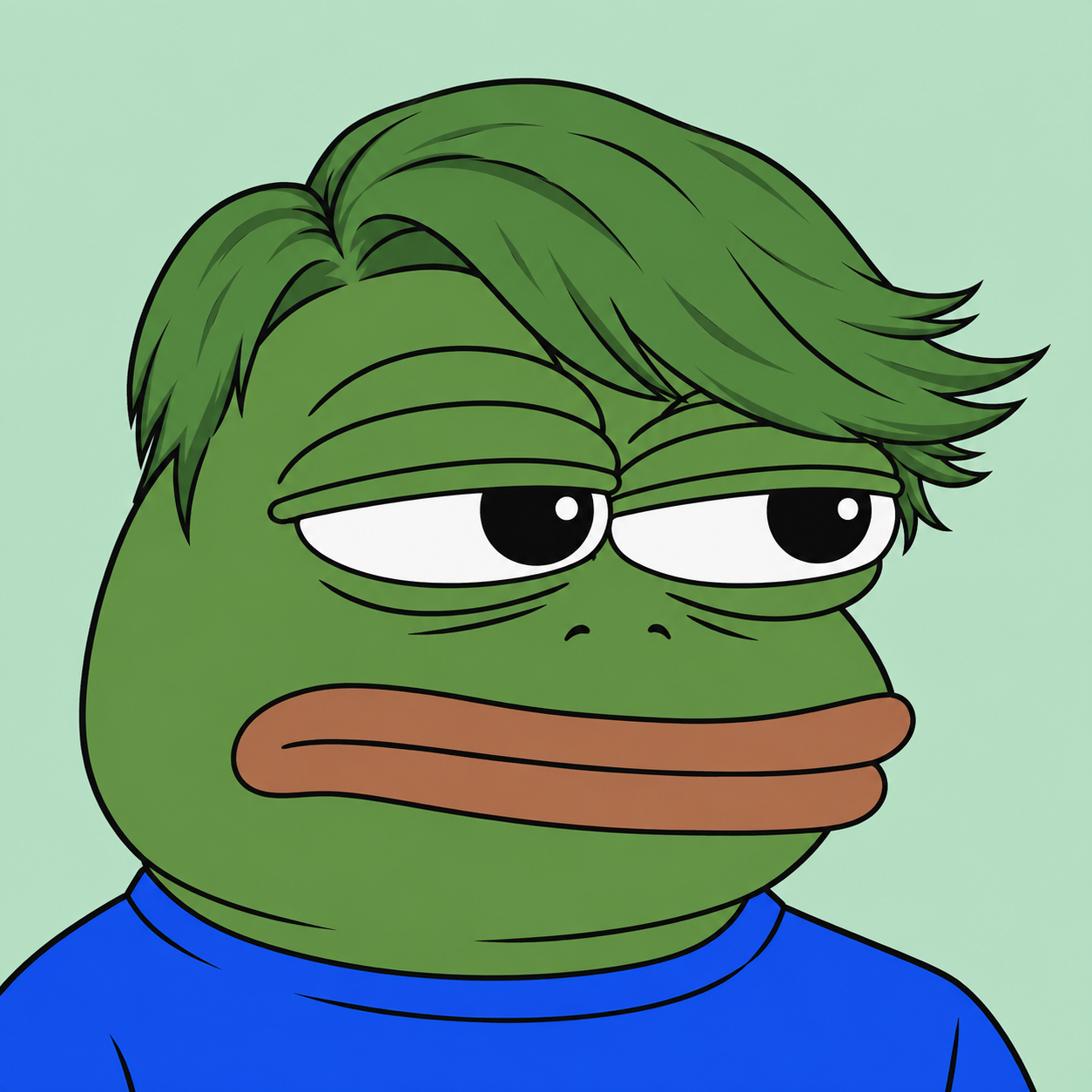 Classic Pepe in a blue shirt, remixed with a green side-swept fringe